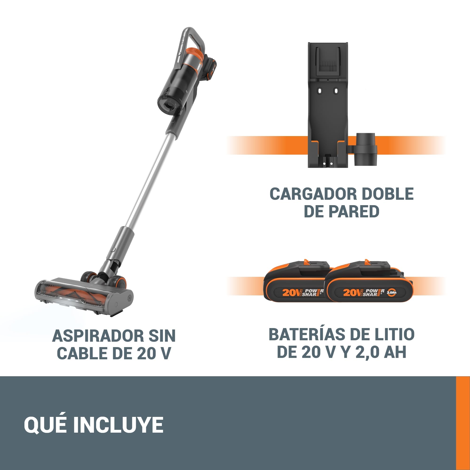 WORX Aspirador Escoba sin Cable 20V WX038, Potente 25Kpa, hasta 45 min de Autonomía, para Pelos de Mascotas, Suelos, Alfombras, Coches - 2 Baterías PowerShare y Cargador Dual de Pared incluidos