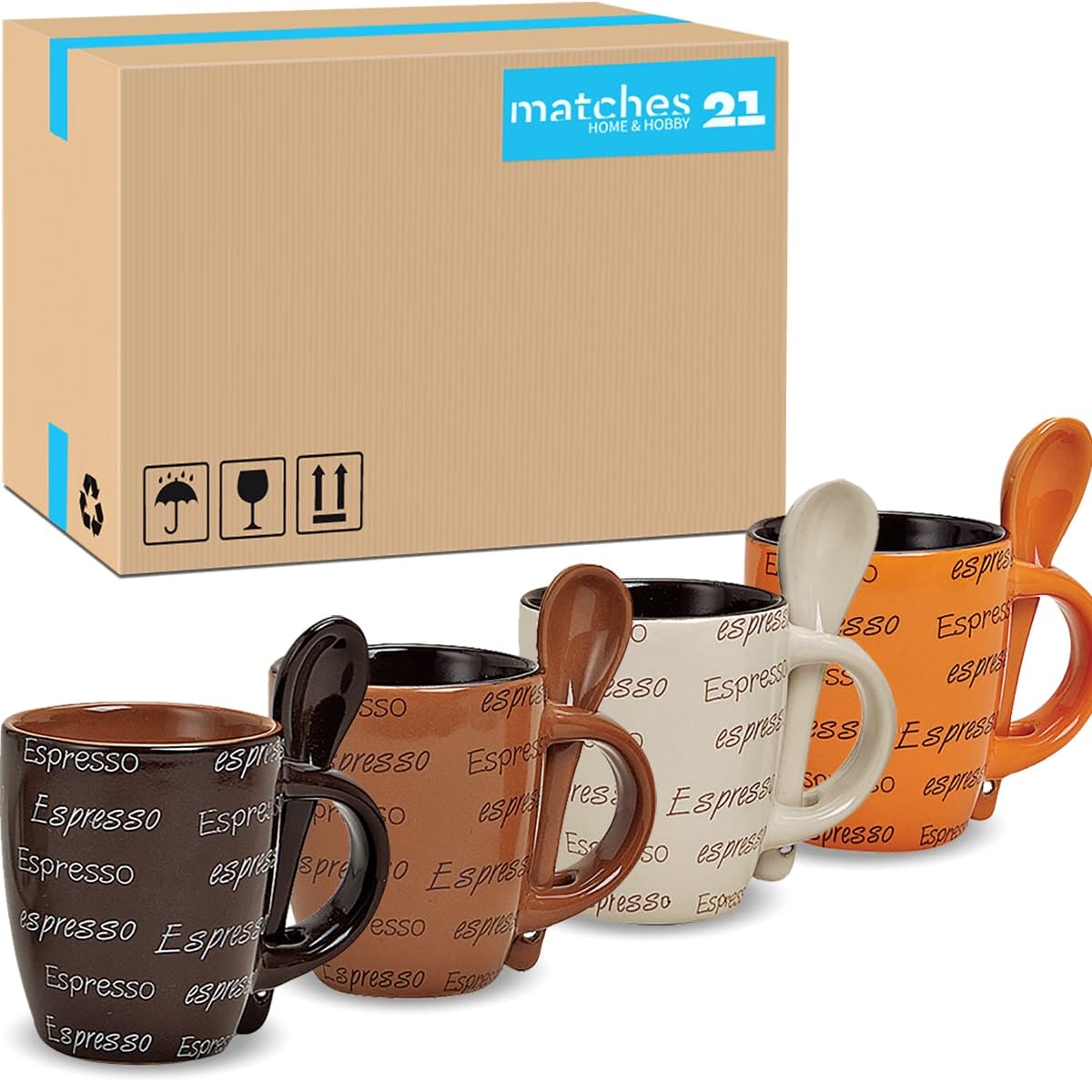 Espressotassen 48er Set mit Spruch in braun beige creme orange - Außergewöhnliche Kaffeetassen in 50ml mit Löffel - Moderne Mokka Tassen spülmaschinenfest und mikrowellengeeignet als Geschenk