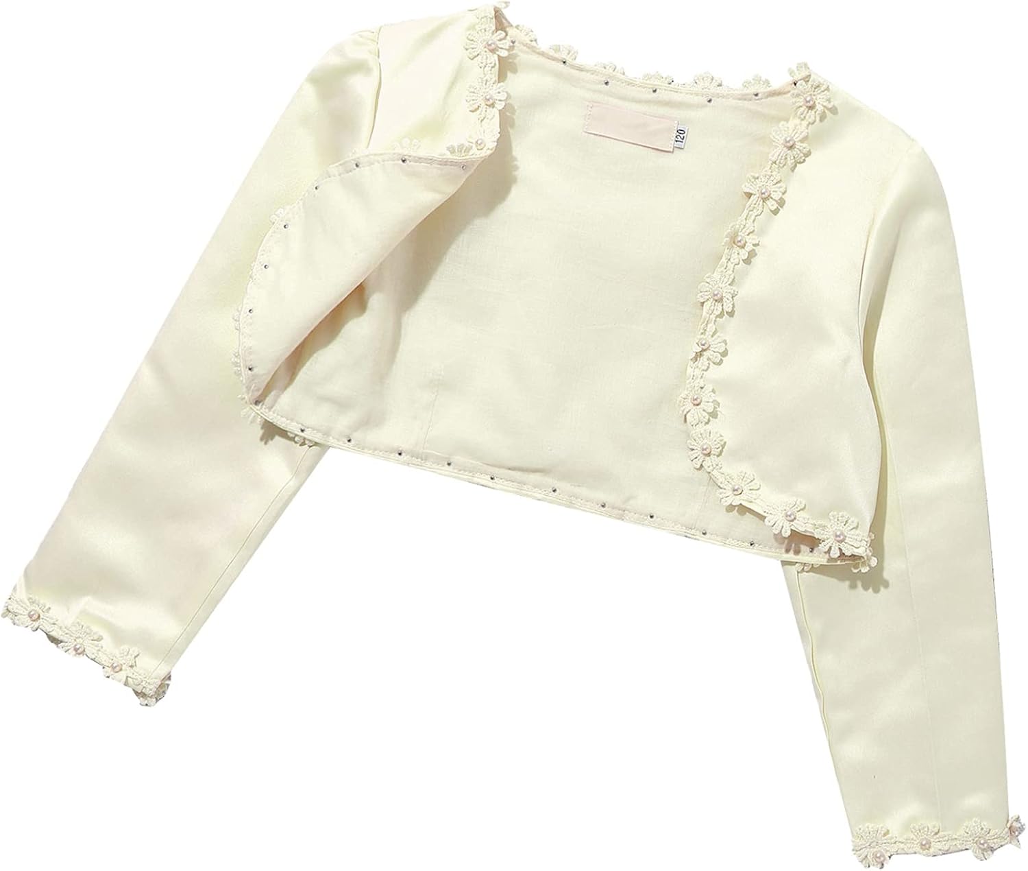 Girls Long Sleeve Wedding Dress Cover Up Cardigan Flowers Beaded Princess Bolero Shrug