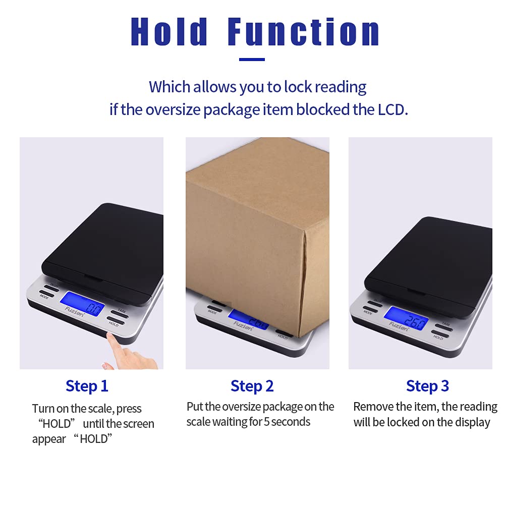 Fuzion Shipping Scale, Accurate Digital Postal Scale 86 lb/0.1 oz with Hold and Tare Function, LCD Display, Auto-Off, Postage Scale for Packages and Mailing, Battery and DC Adapter Included : Office Products
