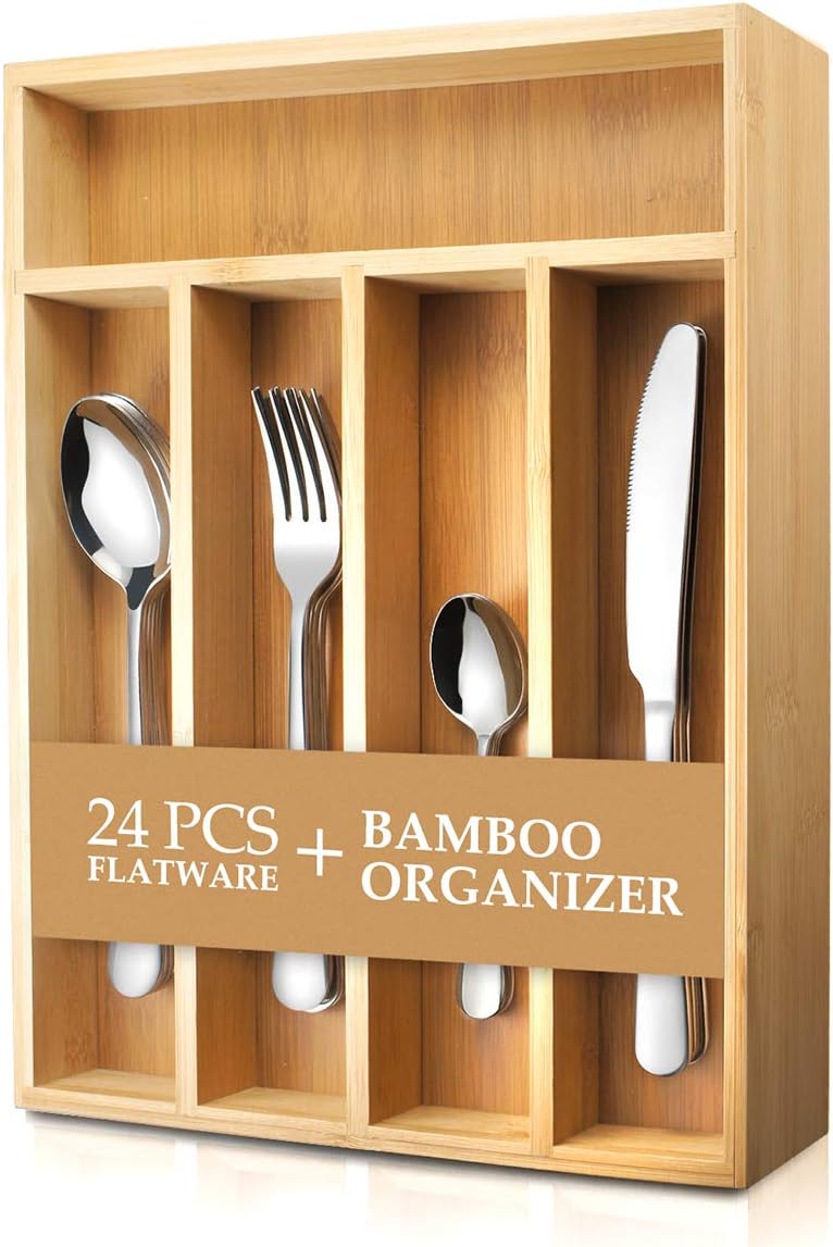 AckMond 24-piece Stainless-steel Cutlery Set Flatware Set Tableware Dinnerware Silverware knife fork spoon, with Bamboo Organizer Box Tray Service for 6