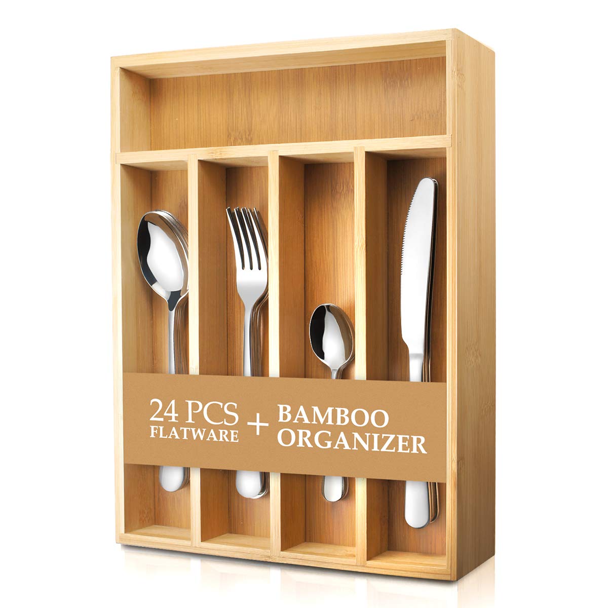 AckMond 24-piece Stainless-steel Cutlery Set Flatware Set Tableware Dinnerware Silverware knife fork spoon, with Bamboo Organizer Box Tray Service for 6