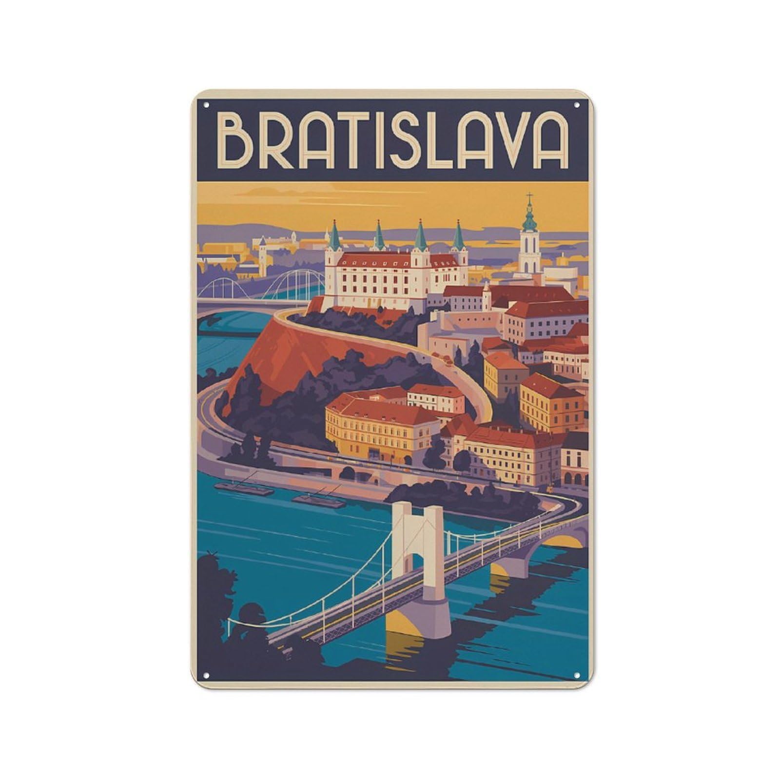Junmoney Style-17 Friendly Cafe Metal Sign 30X20cm Featuring Bratislava Cityscape Vintage Travel, Cafe Wall Decor For Tea Room, Shop Wall Or Breakfast Area