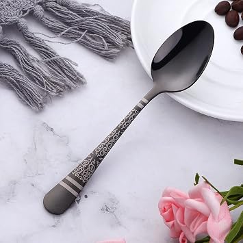 Black Unique Pattern Design Coffee Espresso Spoons Mini, Mingcheng Stainless Steel Small Teaspoons Silverware Set of 6, BISDARUN 5.5 Inches Food Spoons for Demitasse Dessert Tea