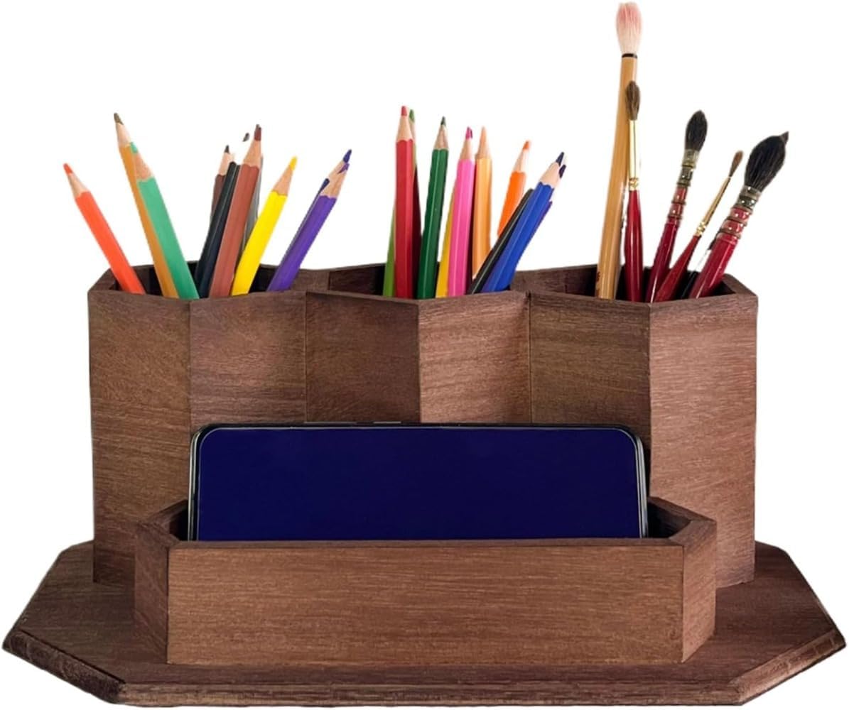 木製デスクトップペンホルダー - 4つのコンパートメント、滑らかに磨かれた表面の耐久性のある木製収納ラック | アートスタジオに最適