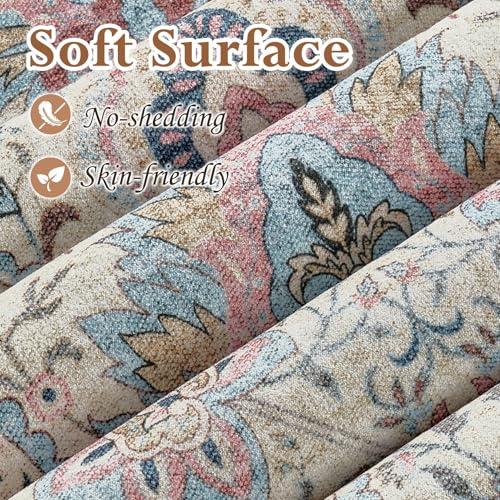 Tortania Area Rug Living Room Rugs - 6x9 Washable Boho Rug Vintage Oriental Distressed Farmhouse Large Thin Indoor Carpet for Living Room Bedroom Under Dining Table Home Office - Pink Blue