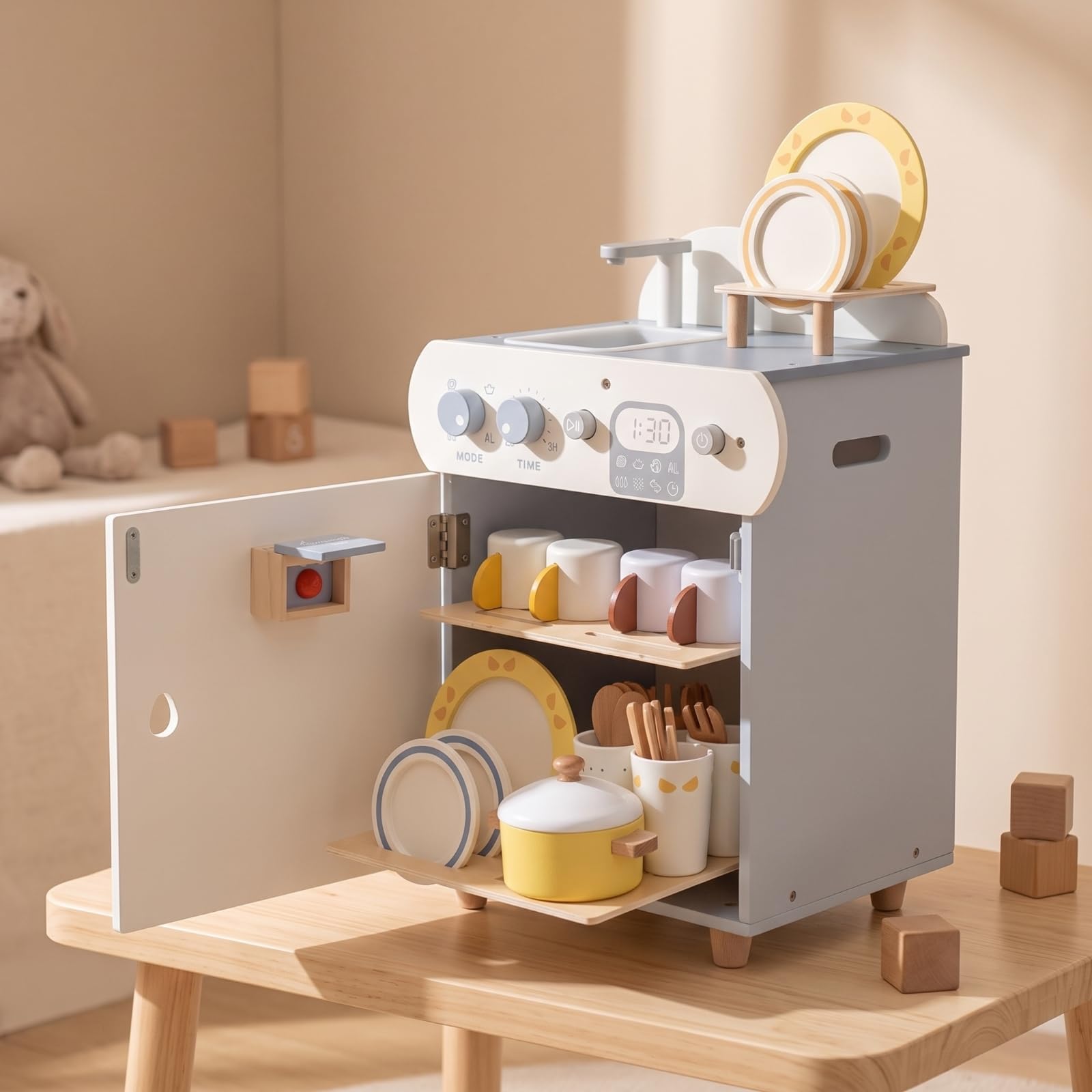 Cucina Giocattolo in Legno Lavastoviglie per Bambini Set Cucina Accessori Completi Pentola Tazze Piatti Posate con Manopole Rotanti Display Stampato