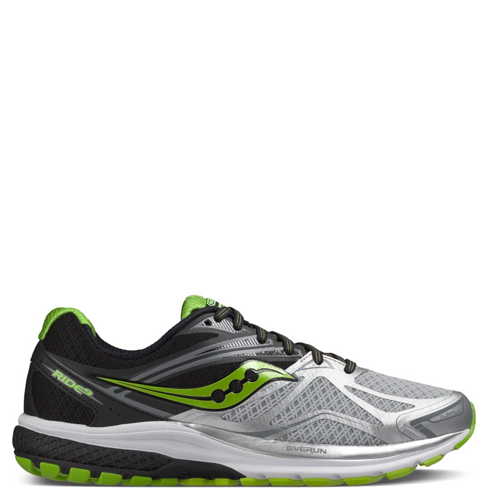 Saucony Men's Ride 9 Running Shoe, Silver/Black/Lime, 10 M US