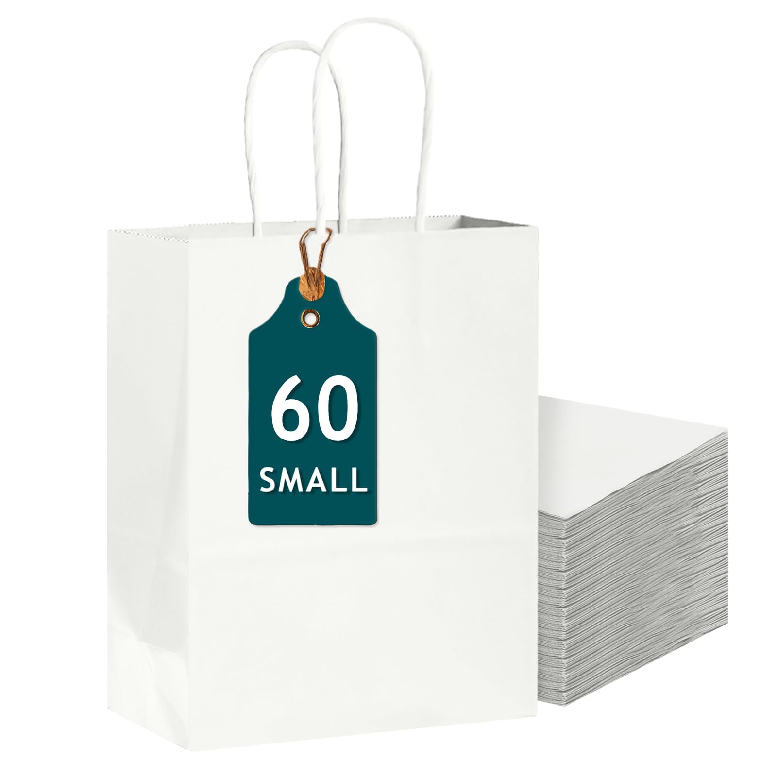 Bakepacker 60 sztuk małych torebek papierowych na prezenty z uchwytami luzem 21 cm x 15 cm x 8 cm białe torby na zakupy typu kraft