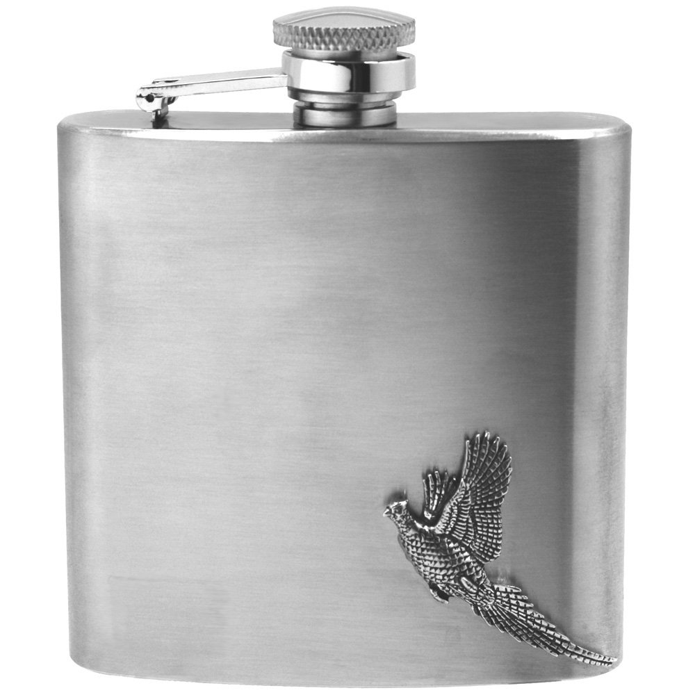 English Pewter Company Sheffield, England Black English Pewter Company 6Oz Stainless Steel Hip Flask With Pewter Pheasant Adornment [Cs235]