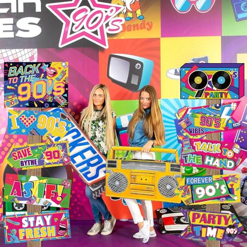 Image of Hooqict 20 Pieces 90s Party Decorations Sign Retro Hip Hop Party Sign for Back to The 90s Adults Neon Throwback Birthday Party Supplies