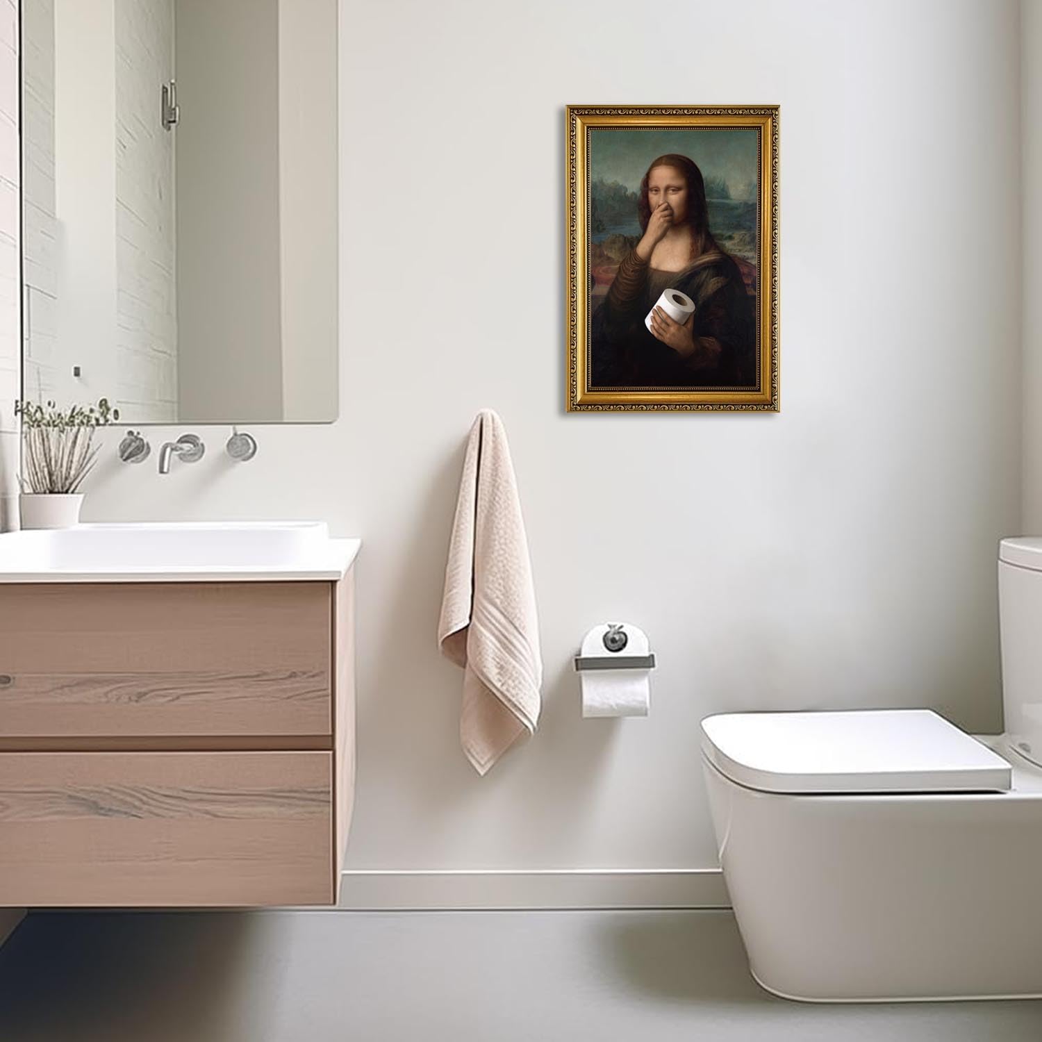 YD&YZY Gold Framed Bathroom Wall Art Mona Lisa Humor Amusing Toilet Art Pinching Nose Wall Decor Funny Vintage Painting Picture Print Whimsical Artwork Bathroom Restroom 16x24 inch Framed