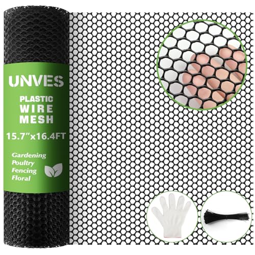 Unves Chicken Wire Plastic Mesh 15.7IN x 16.4FT Fencing for Poultry Floral Dogs Rabbit Pets Barrier Netting 0.35 Mesh Hexagonal Plastic Fence Roll Black