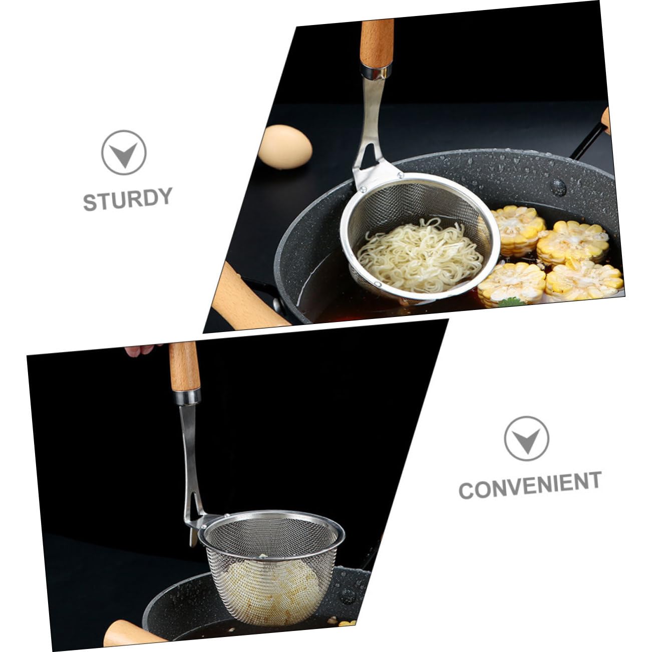 Colador de Fideos con Mango de Madera Colador Multiusos de Acero Inoxidable Resistente y Ligero para Cocina Filtro de Alimentos Seguro y Práctico para Pasta y Verduras