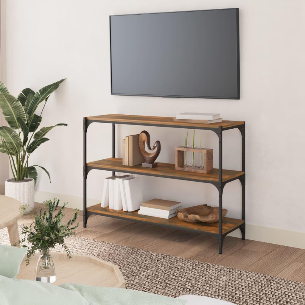 Regał na książki dąb wędzony z materiału drewnopochodnego i stali, 100 x 33 x 70,5 cm, z 3 półkami, przemysłowy regał na książki do salonu, stabilny regał stojący, uniwersalny regał na