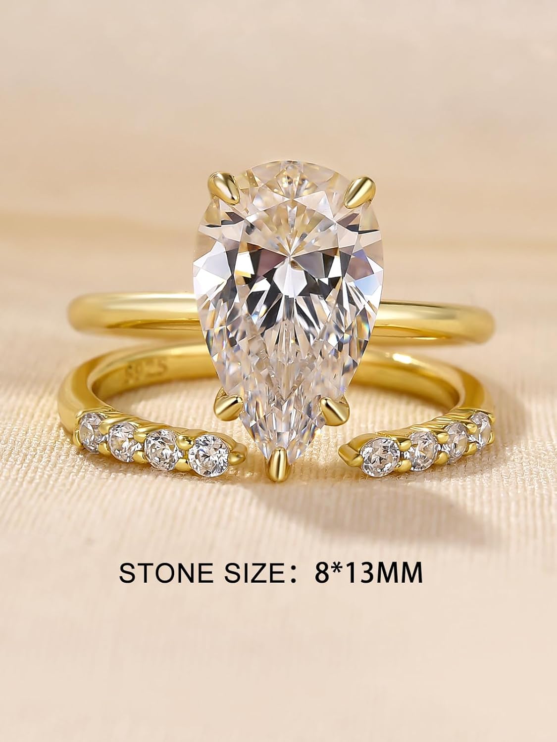 3.5CT Cushion/4CT Pear Cut Engagement Ring Set,18K Yellow Gold Plated 925 Sterling Silver Bridal Wedding Ring Set with Open Wedding band - Image 2