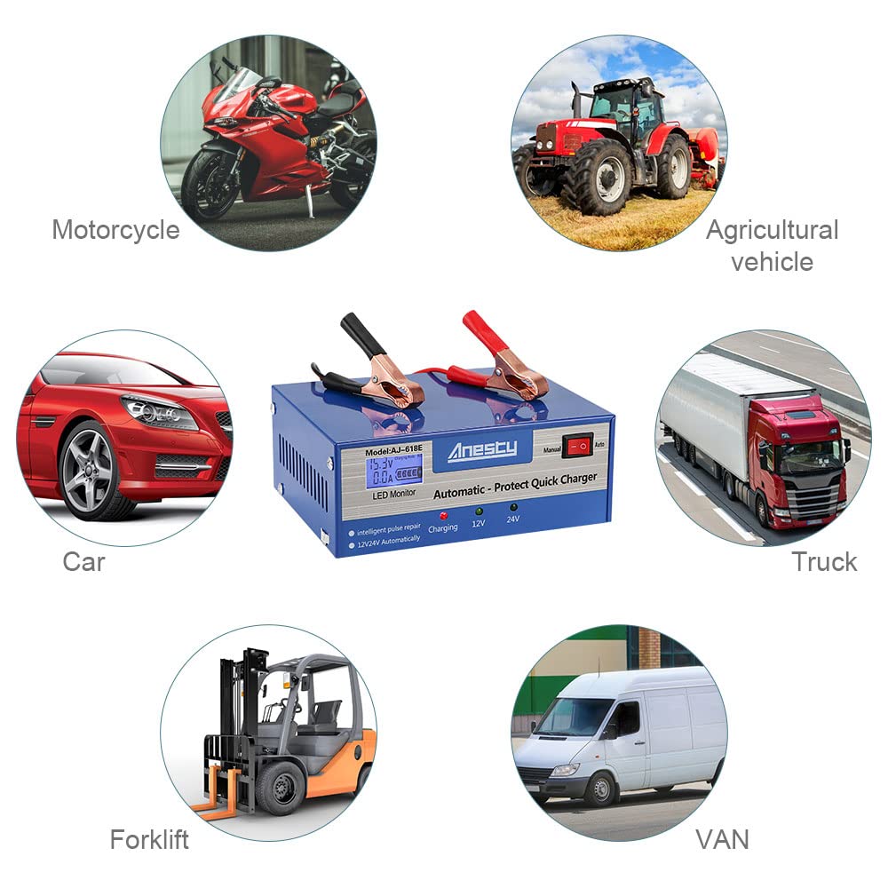 Caricabatteria per auto, unità di ricarica automatica per batteria da 12 V/24 V, monitor intelligente per mantenere il caricabatterie con schermo LED, ideale per vari veicoli, furgoni, trattori