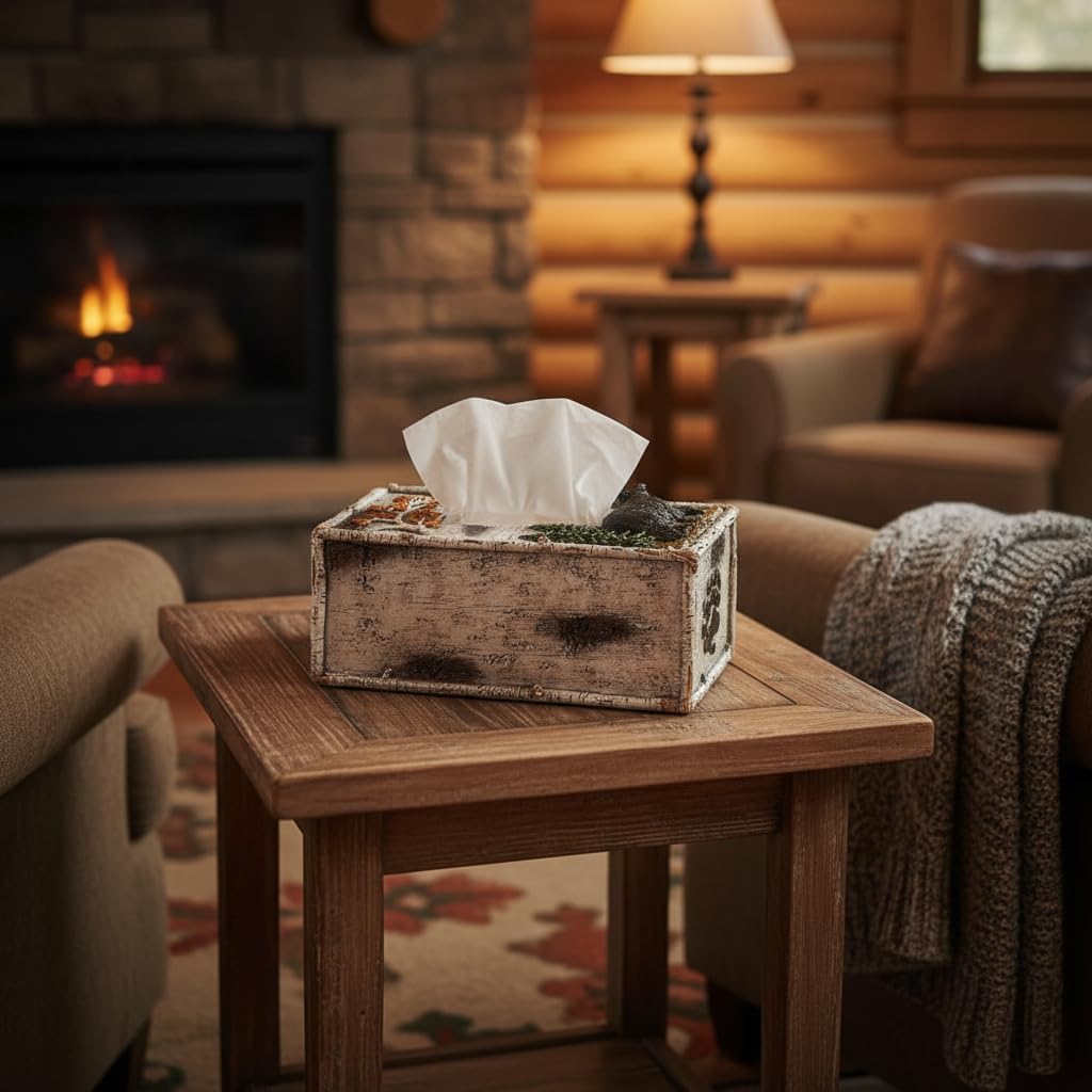 Comfy Hour 10" Black Bear Birch Nature Rustic Tissue Box Cover, Antique Vintage Western Figurine Style Home Decor, Polyresin Paper Holder Solo Unit