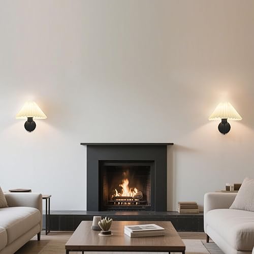 Miniatura 4 de Juego de 2 apliques de pared negros, lámpara de pared de tela plisada, lámpara de pared de mesita de noche, luz de pared para baño, tocador,