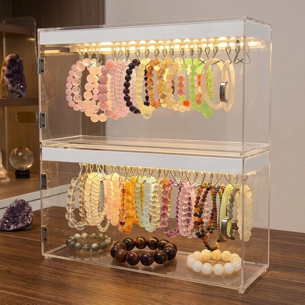 Vitrina Expositora Acrílica Transparente, 3 Niveles con Luz, para Coleccionistas Figuras y Joyas, 18L Antipolvo , Caja Almacenamiento Pulseras a (#9457)