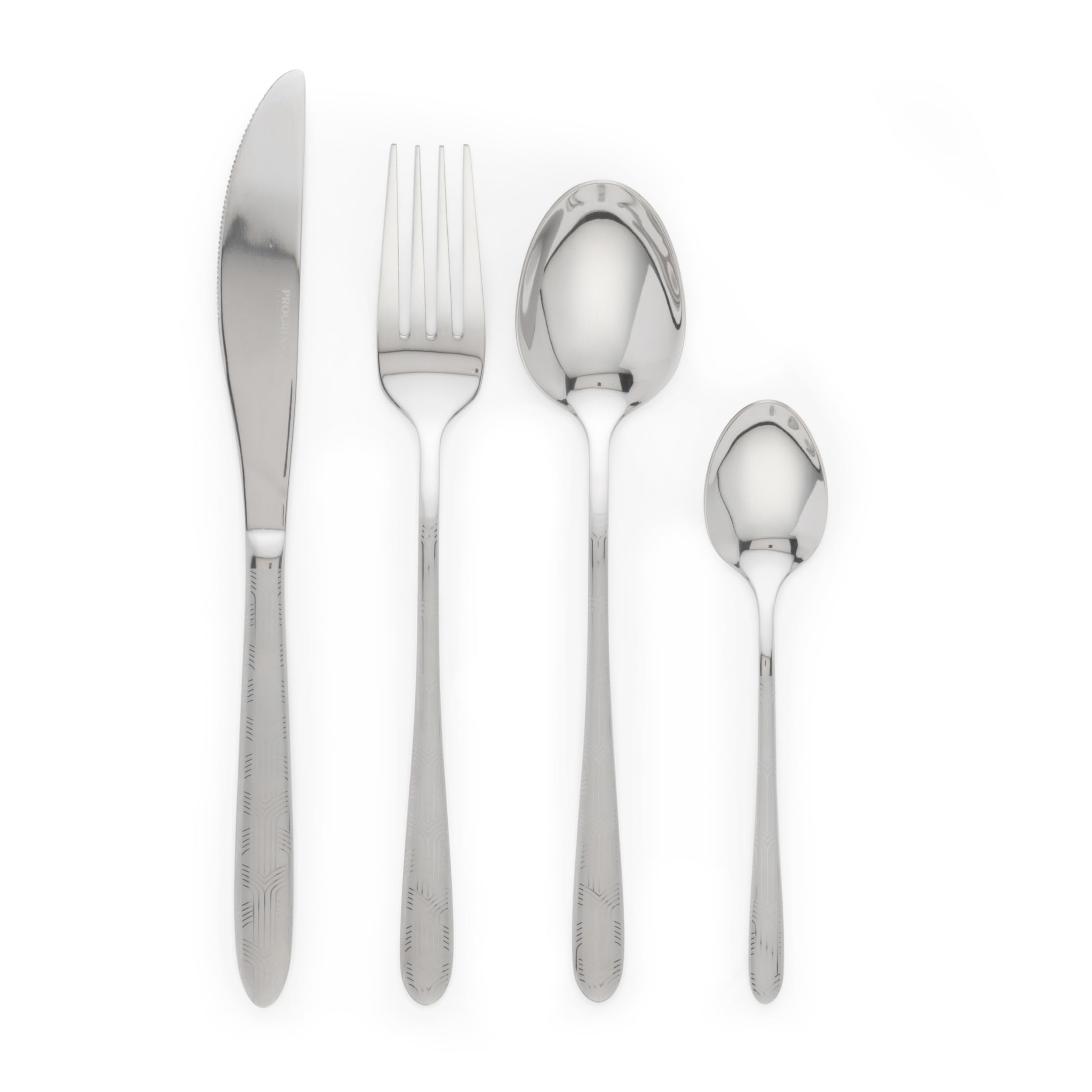 Progress Silver Bw09539eu 16 Piece Cutlery Set - Stainless Steel, Full Flatware For 4 People Includes 4 Knives, 4 Forks, 4 Tablespoons, 4 Teaspoons, Modern Design, Mirror Finish Dinnerware, Patterned Handles
