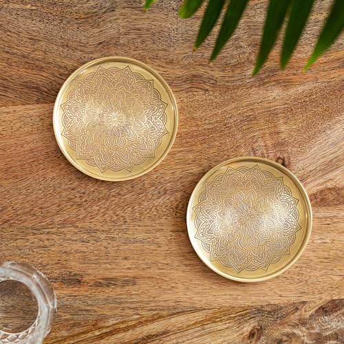 Image of ExclusiveLane 'Mandala Design' Hand-Etched Pure Brass Coasters for Cups Tea Coasters for Glasses Dining Table Coaster for Hot Pots Tableware (Set of 2, Golden)
