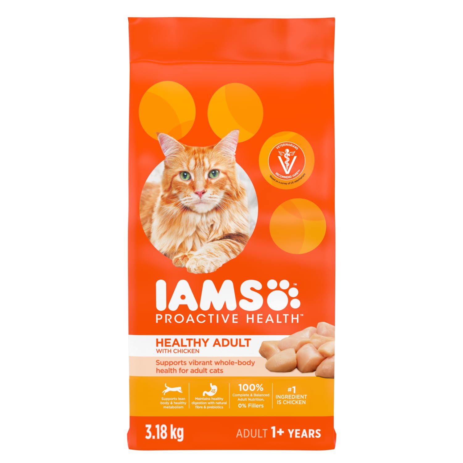 IAMS Proactive Health Healthy Adult Dry Cat Food – Chicken – 3.18KG (7LB) Bag image 1