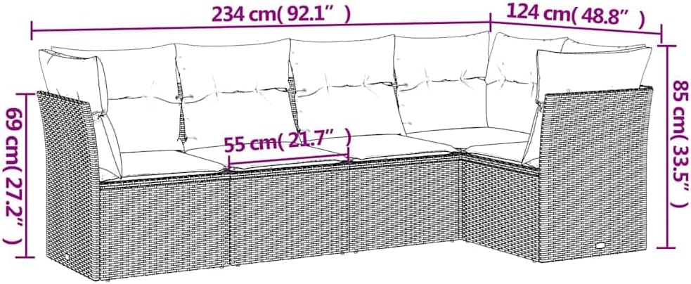 vidaXL Patio Sofa Set with Cushions - 5-Piece Black Poly Rattan Outdoor Furniture for Garden, Patio, Deck - Modular Design, Blue Cushions, Removable Covers