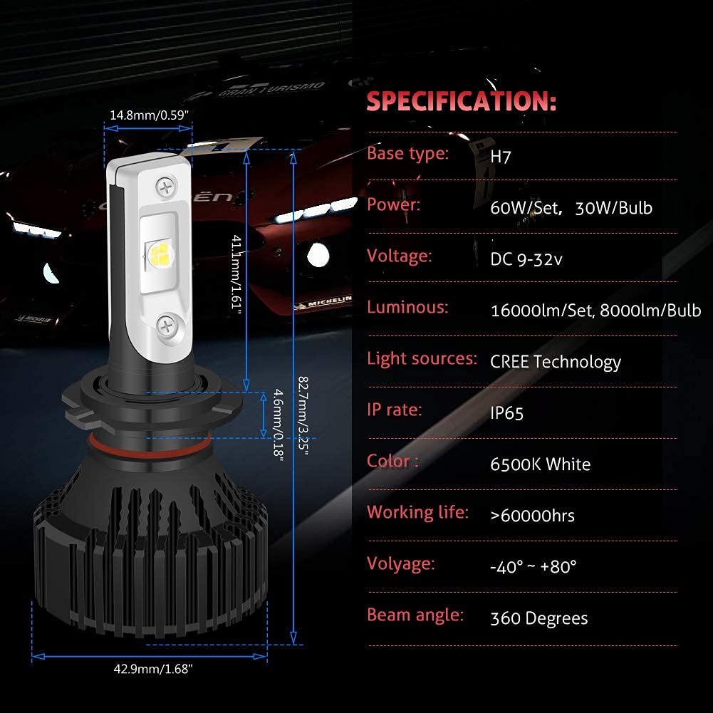 H7 LED Lampadina Faro Kit Conversione Lampadine Super Bright LED 16000LM 16 Chip XHP50 Bianco puro 6500K Hi / Lo All-in-one Impermeabile, DC 9-32V, 2 anni di Garanzia (Confezione da 2)