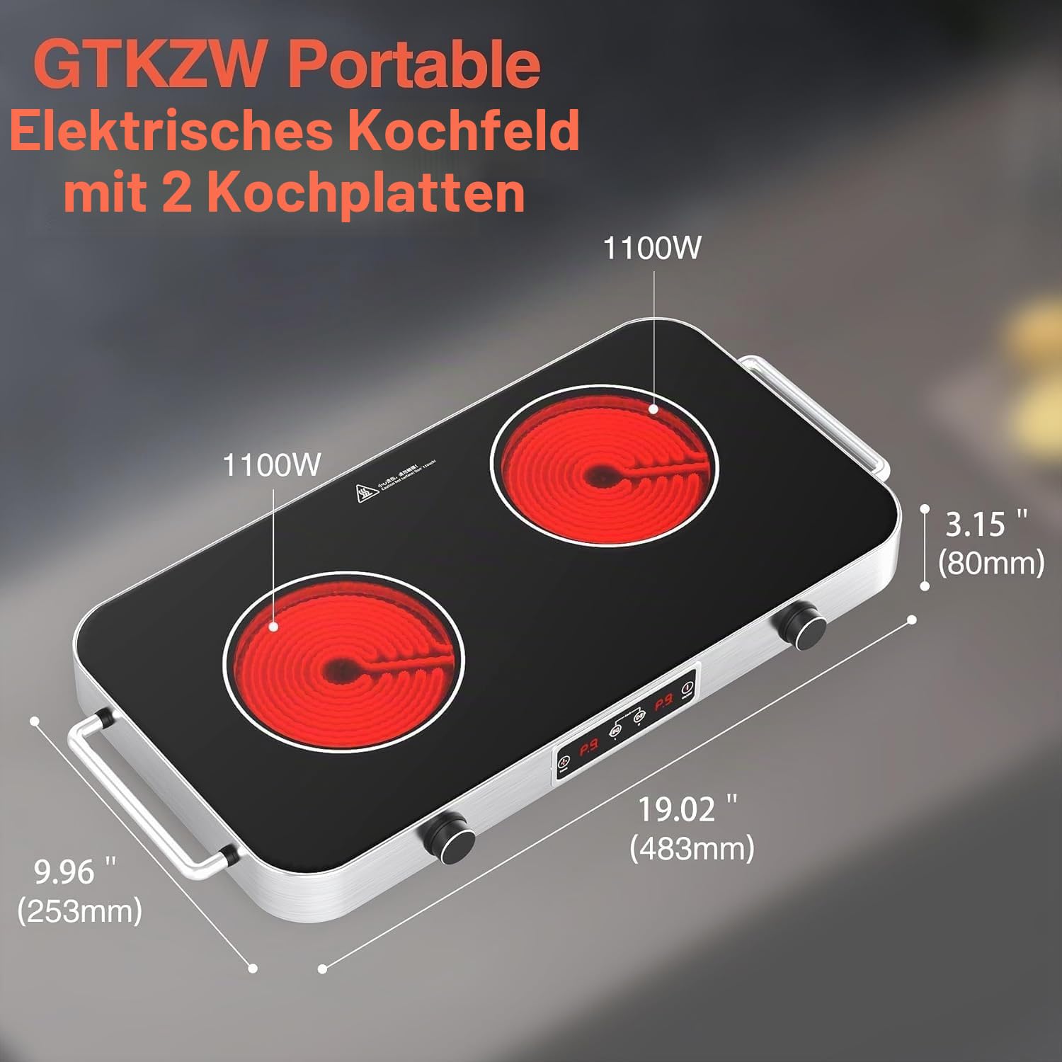 Glaskeramikkochfeld 2 Platten 2200W Elektrische Doppelkochplatte 48 cm mit Timer Tragbares Infrarotkochfeld