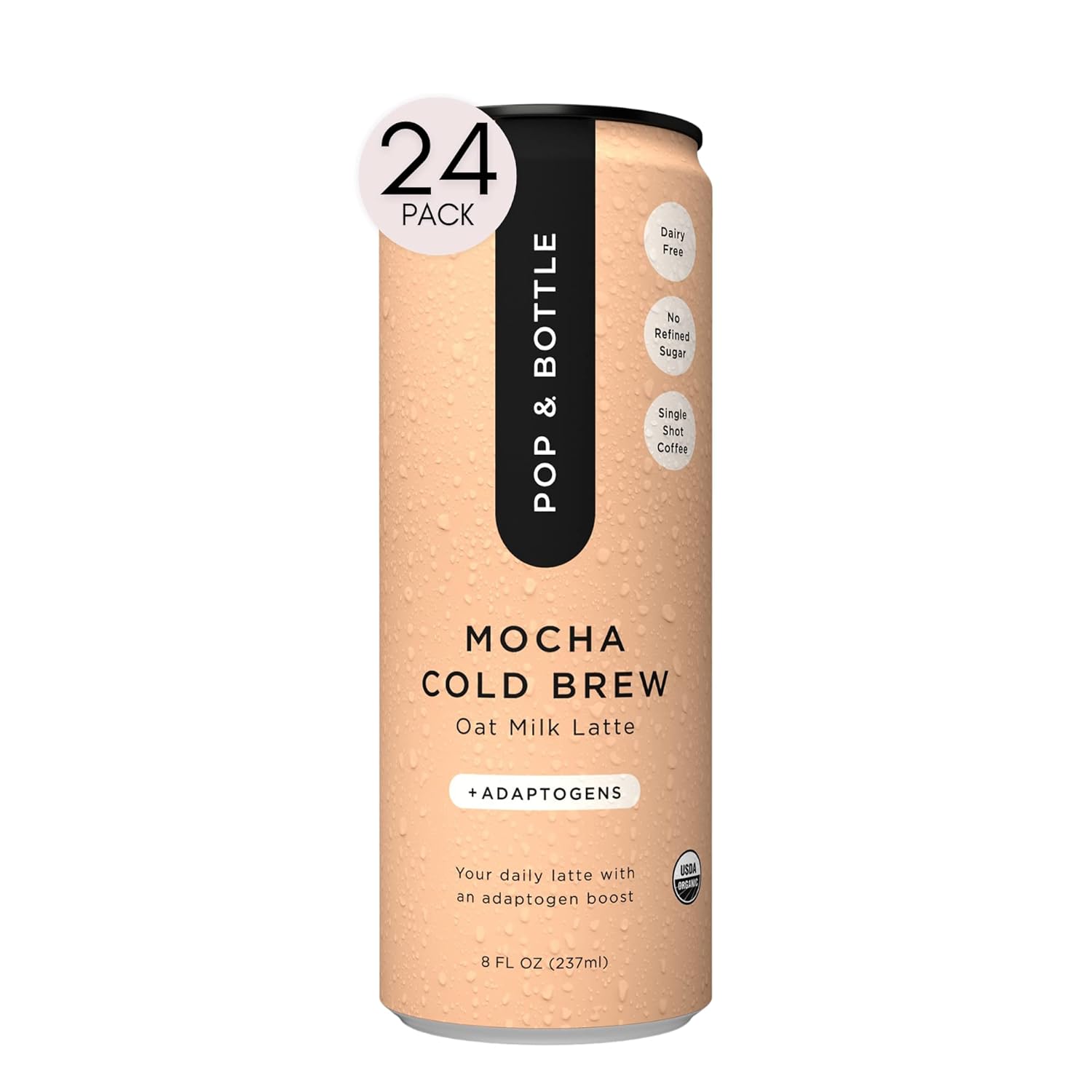 Pop & Bottle - Oat Milk Lattes with Adaptogens | 8 Fl Oz (Pack of 24) Mocha | Maca, Ashwagandha, MCT Oil, Oat Milk, Cold Brew Coffee + More | Organic, No Dairy, No Gluten, Lightly Sweetened with Dates