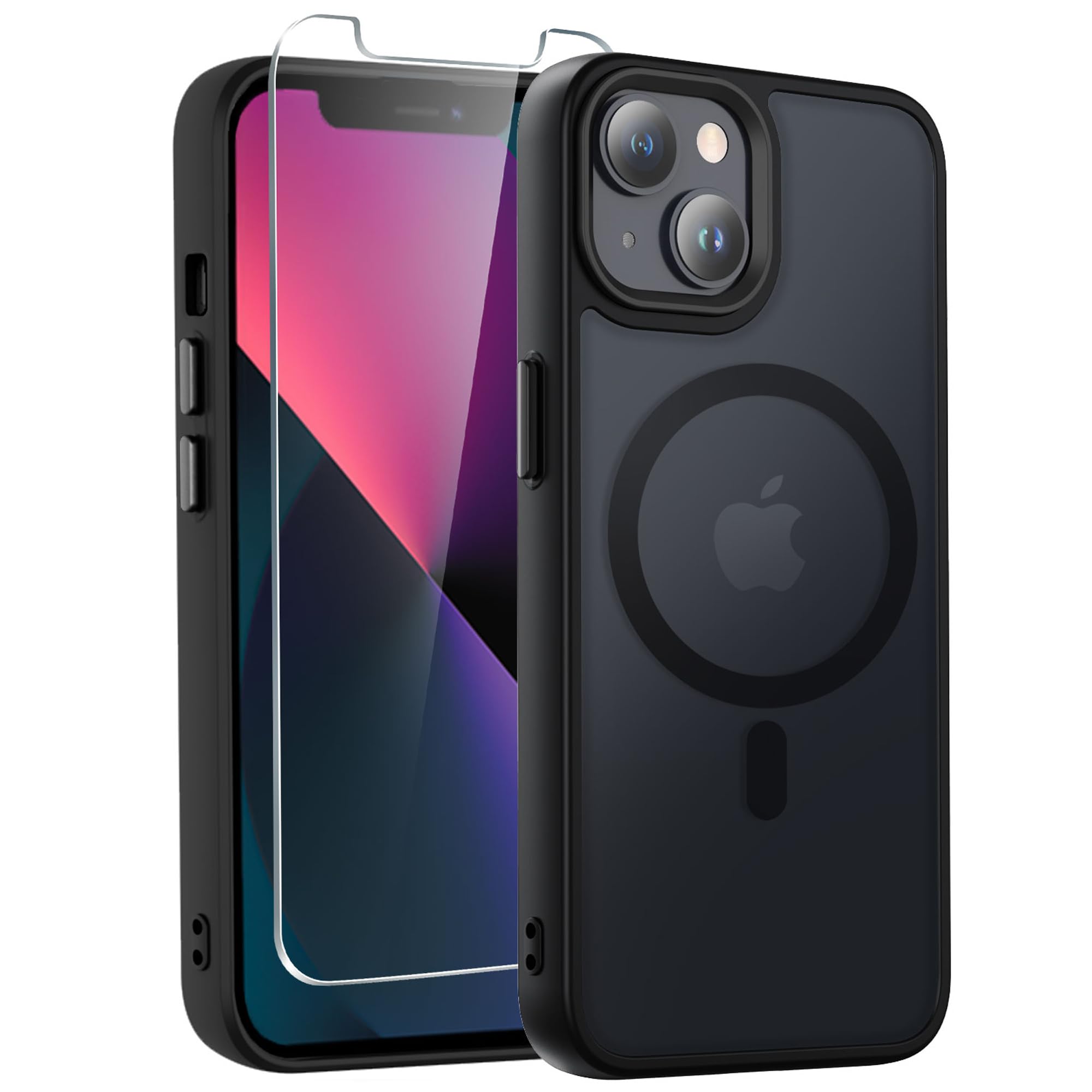 DEERLAMN Magnetic Matte Case for iPhone 13/iPhone 14 with Screen Protector, [Compatible with MagSafe][Military Grade Drop Protection] Slim Translucent Shockproof Protective Phone Cover, Black