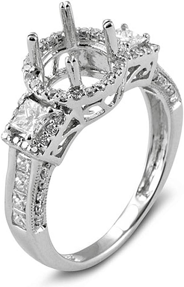 Dazzlingrock Collection 1.20 Ctw Round & Princess Natural Diamond Women Bridal Semi Mount Ring (No Center Stone), 14K White Real Solid Gold