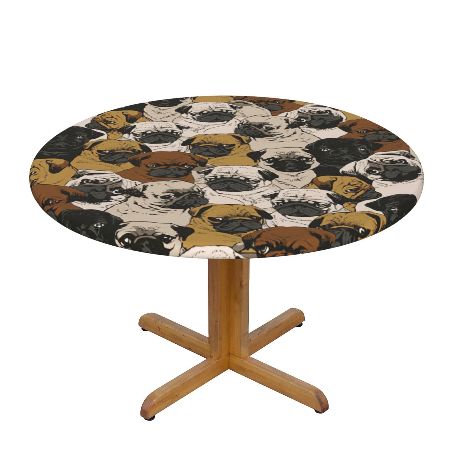 DUWAA Imagen De Pug Print Oxford Fitted Table Cover For Patio Picnic, Waterproof Round Tablecloth For Home And Outdoor