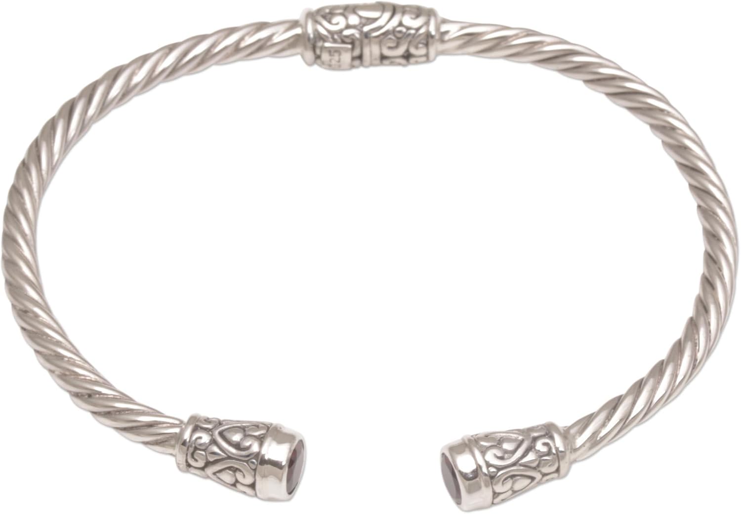 NOVICA Artisan Handmade Garnet Cuff Bracelet | Sterling Silver | Bali Red Indonesia Birthstone | 6" L x 0.2" W | 'Spiral Temple'