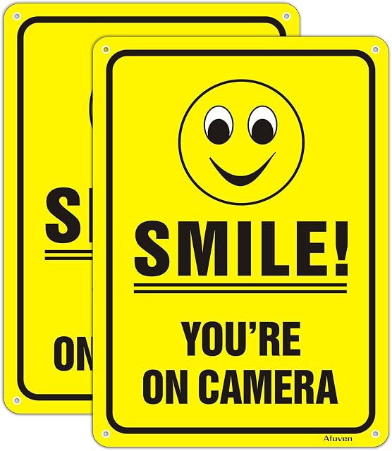 Smile You're On Camera Signs 250mmX180mm Video Surveillance Sign, Warning for CCTV Monitoring System Sign Reflective Aluminum Anti UV Protected Metal Sign Waterproof Durable Easy to Install 2 pack