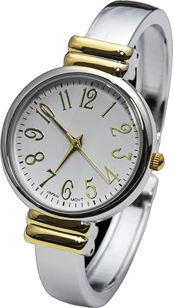 Two Tone Metal Band Slim Case Womens Bangle Cuff Watch