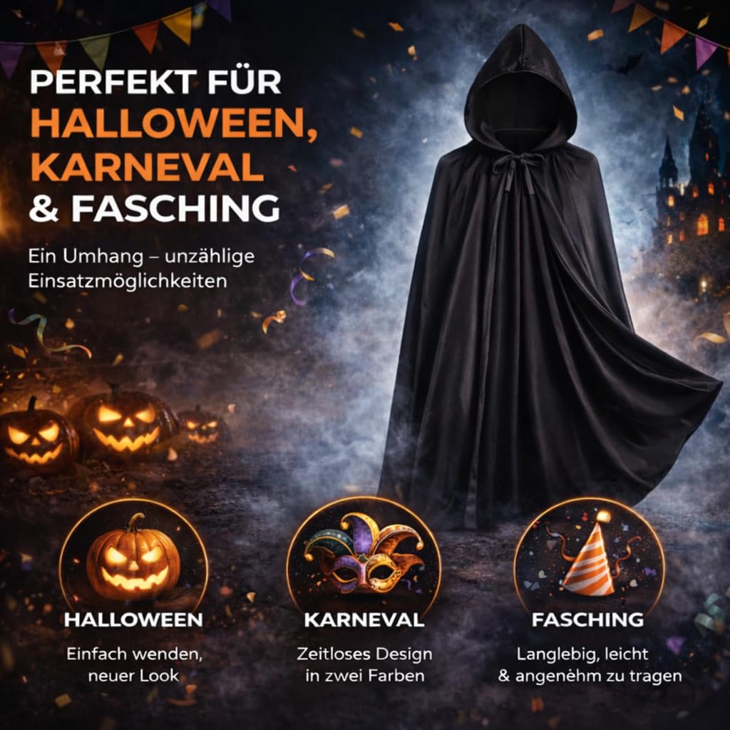 peleryna wampira z kapturem, przebranie Halloween dla dzieci i dorosłych, dwustronna