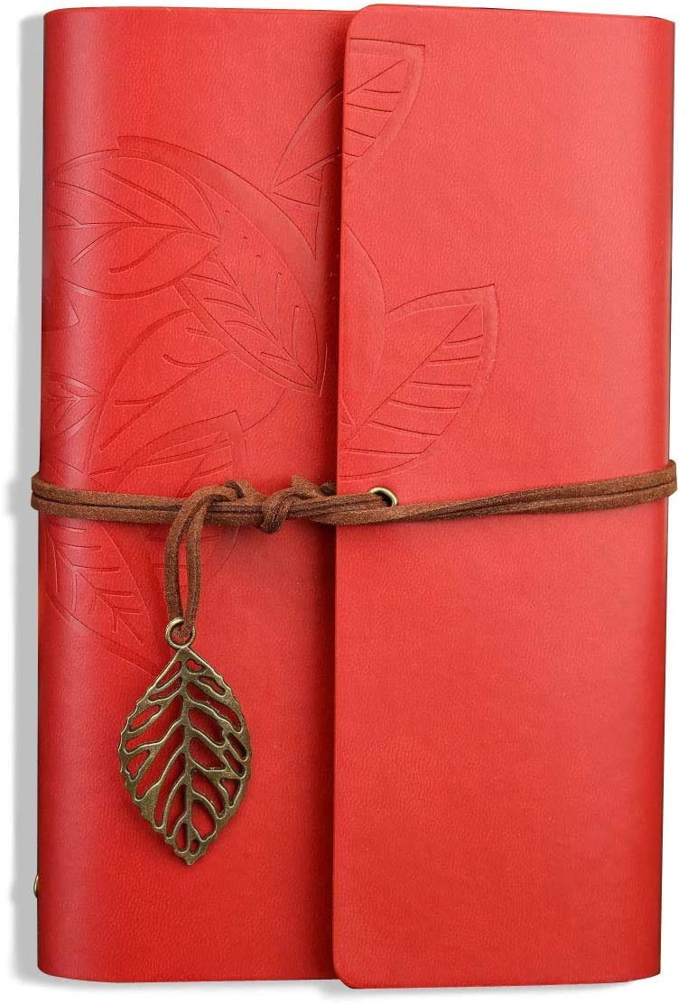 Retro Leaves Pendants PU Leather Cover Loose Leaf Blank Writing Journal Notebook Diary Gift (Red, A7(5 inch))
