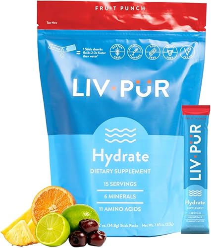 LivPur Hydrate - Fruit Punch - Paquetes de polvo de hidratación Mezcla de bebida electrolítica Certificado NSF para el deporte Barra de una sola