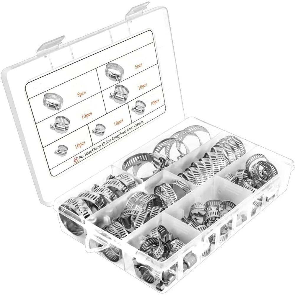 60pcs Adjustable Hose Clamps Worm Gear Stainless Steel Clamp Assortment 7 Sizes