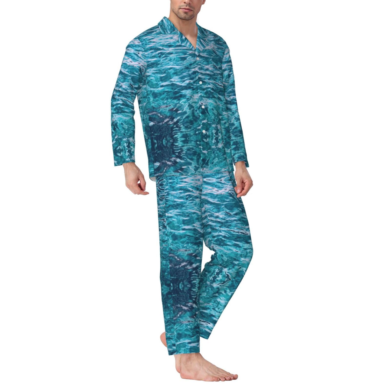 Conjunto de pijama para hombre con estampado de superficie marina, pijama suave de manga larga con botones y bolsillos