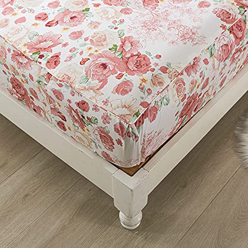 FADFAY Sheets Set Cal King Elegant Pink Floral Bedding Romantic Garden Flower Bed Sheet Set Vintage Peony Farmhouse Bedding 100% Cotton Ultra Soft Deep Pocket Fitted Sheet 4Pcs, California King Size