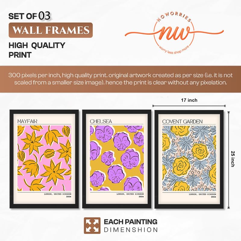 Image of NoWorries Trendy Abstract Floral Art Wall Frames | Modern Botanical Prints Inspired by London Paintings 300 GSM Premium Prints | Synthetic Wooden Stylish Frame Wall Decor for Bedroom, Living Room, Cafe & Office (Set of-3) (BLACK, ART-8, 17X25INCHES)