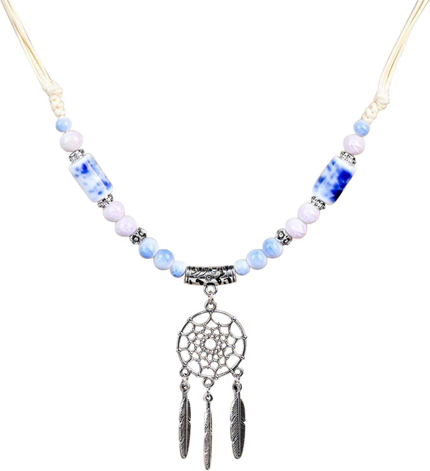 Adjustable Long Boho Y Necklace for Women, Ceramic Beaded Necklace with Dreamcatcher Tassel Pendant, Handmade Jewelry Gift for Her