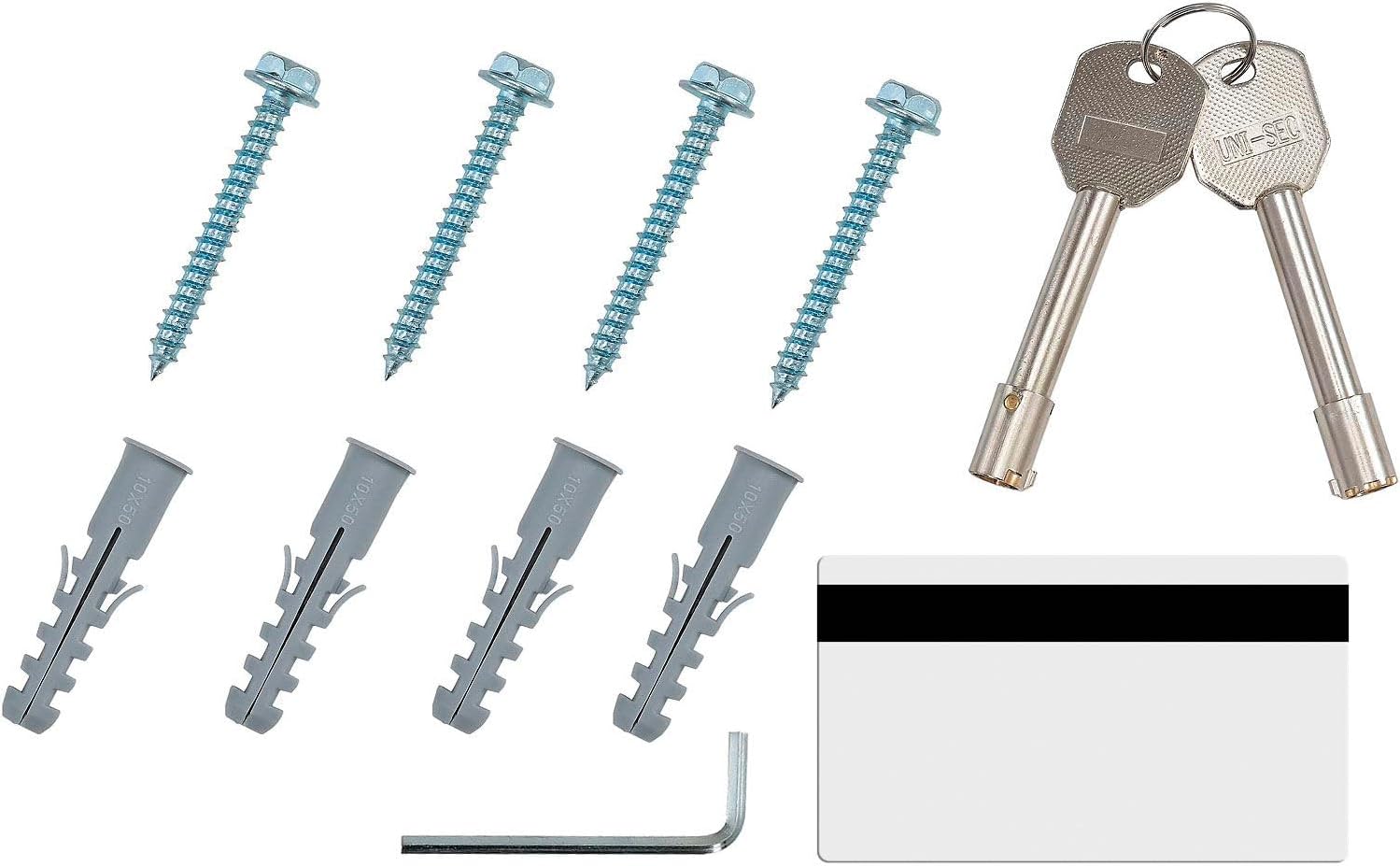 Image showing included accessories: mounting screws, wall anchors, mechanical override keys, and a magnetic swipe card.