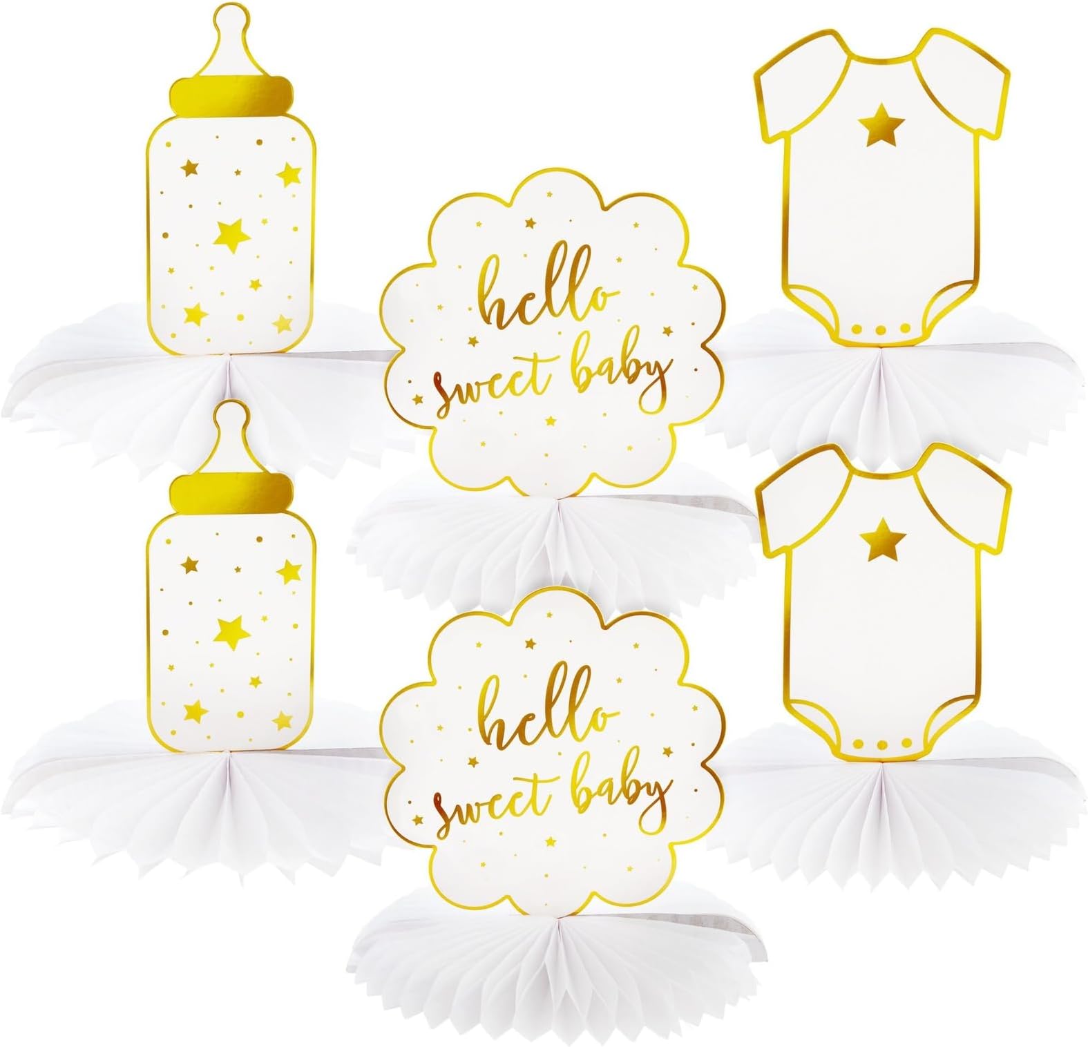 Sparkle and Bash Baby Shower Decorations & Centerpieces - 12-Piece White & Gold Honeycomb Paper Set - Gender Neutral Table Toppers & Table Top Decor, 3 Designs