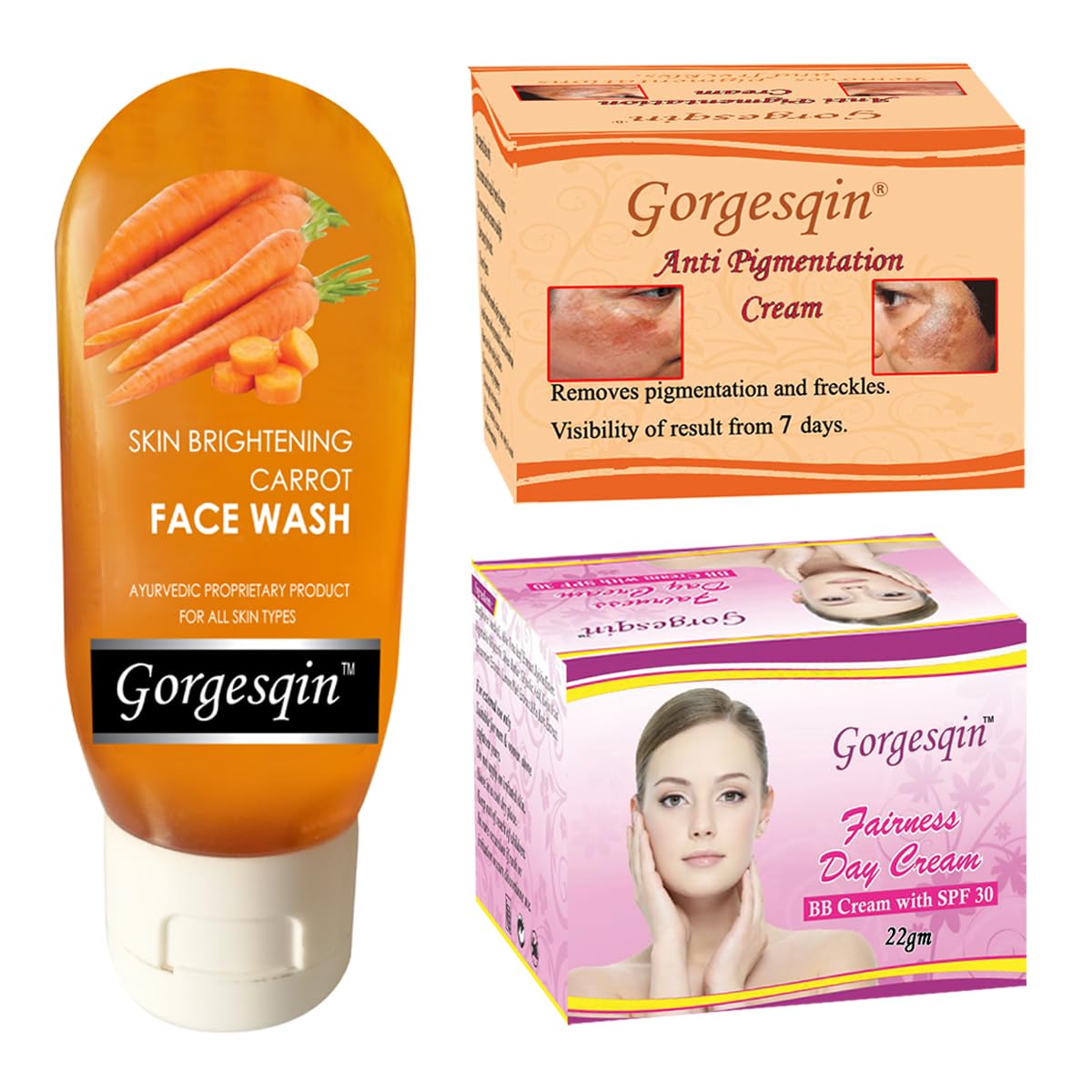 GORGESQIN Anti Pigmentation Cream 6g - Removes pigmentation from 7 days, Beauty Day Cream 22g, Carrot Face Wash 60 ml (APCS_DCL_CRS)