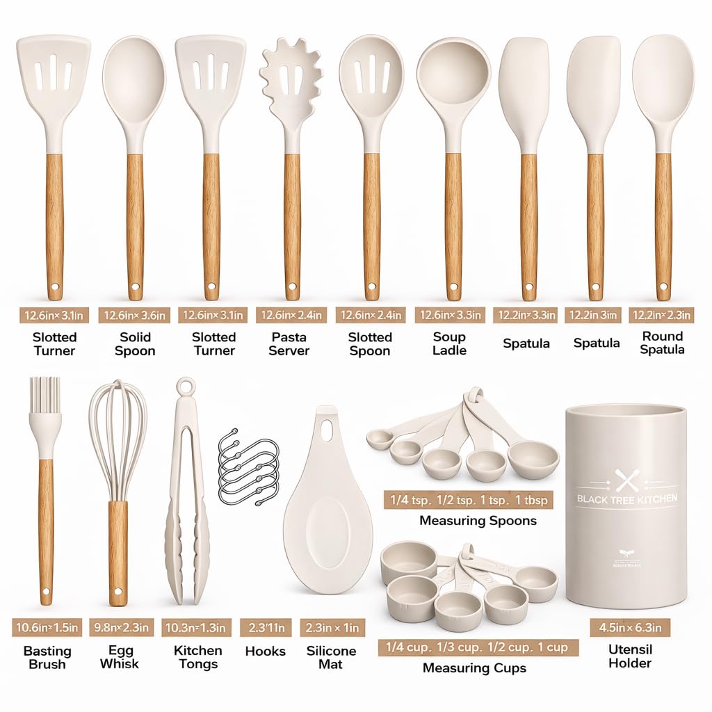 Juego de utensilios de cocina de silicona, 33 piezas, antiadherentes con mango de madera, juego de espátulas de silicona resistentes al calor con soporte (beige)