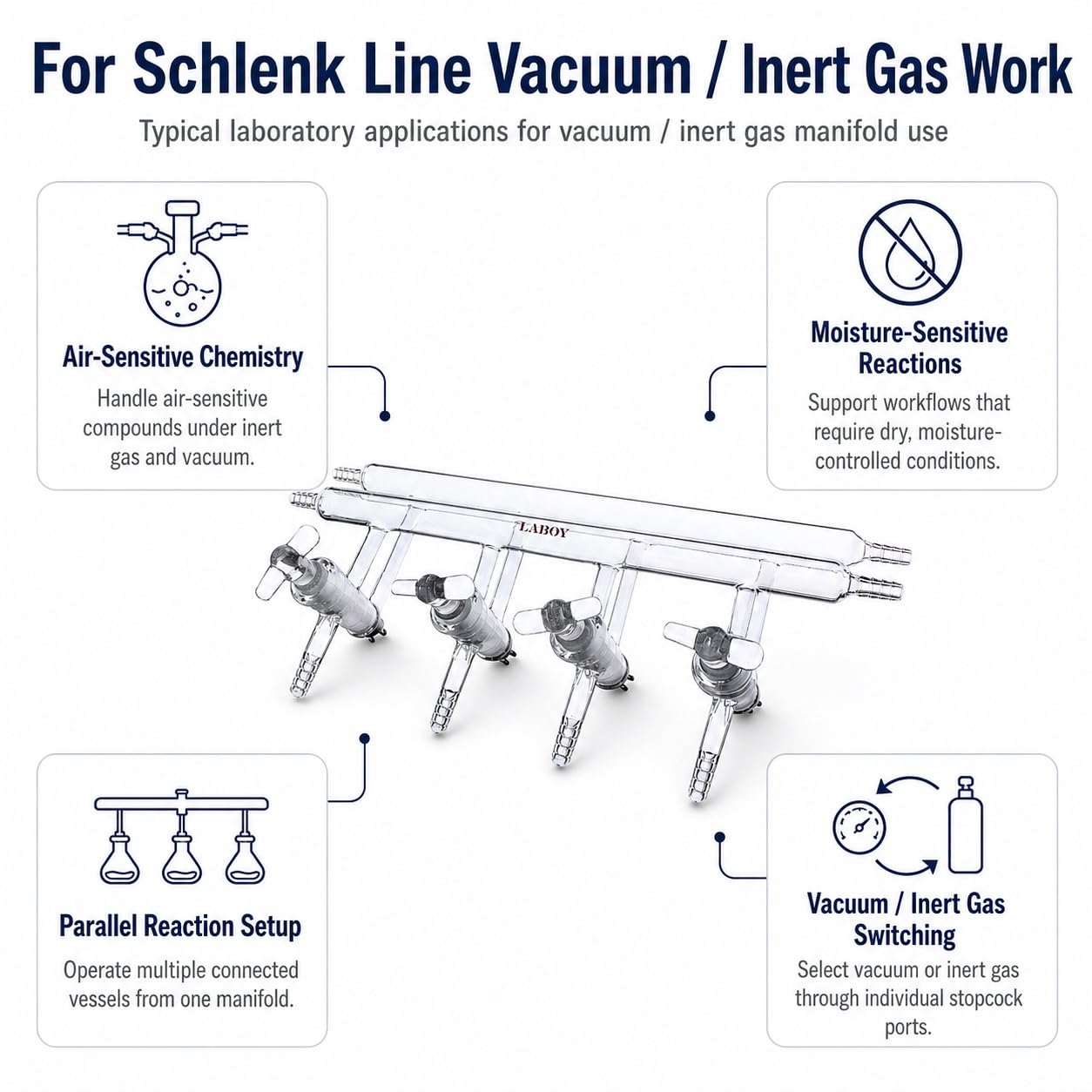 LABOY Glas Doppelt maniflod Vakuum Gas Verteiler für schlenktechnik mit 4 Port massiv Glas Absperrhahn alle Schlauch Öffnet 450 mm in Länge